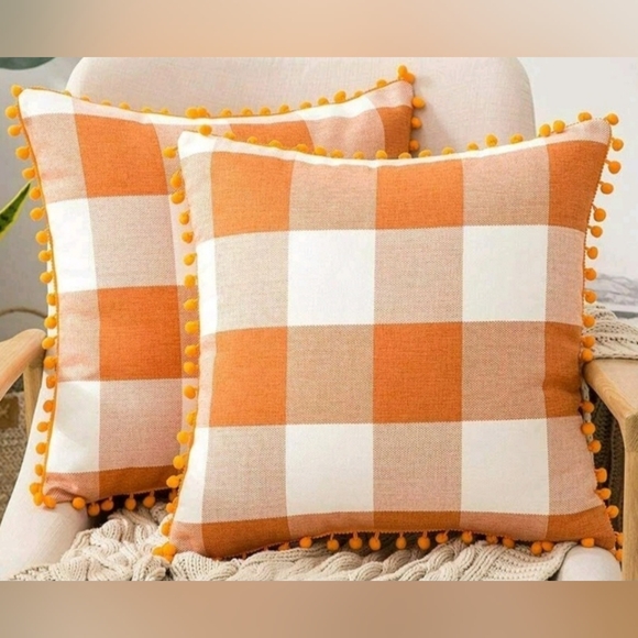 New Fall Pillow Covers Plaid Orange White Buffalo Print 16 x 16 Check Thick KZ - Picture 1 of 4
